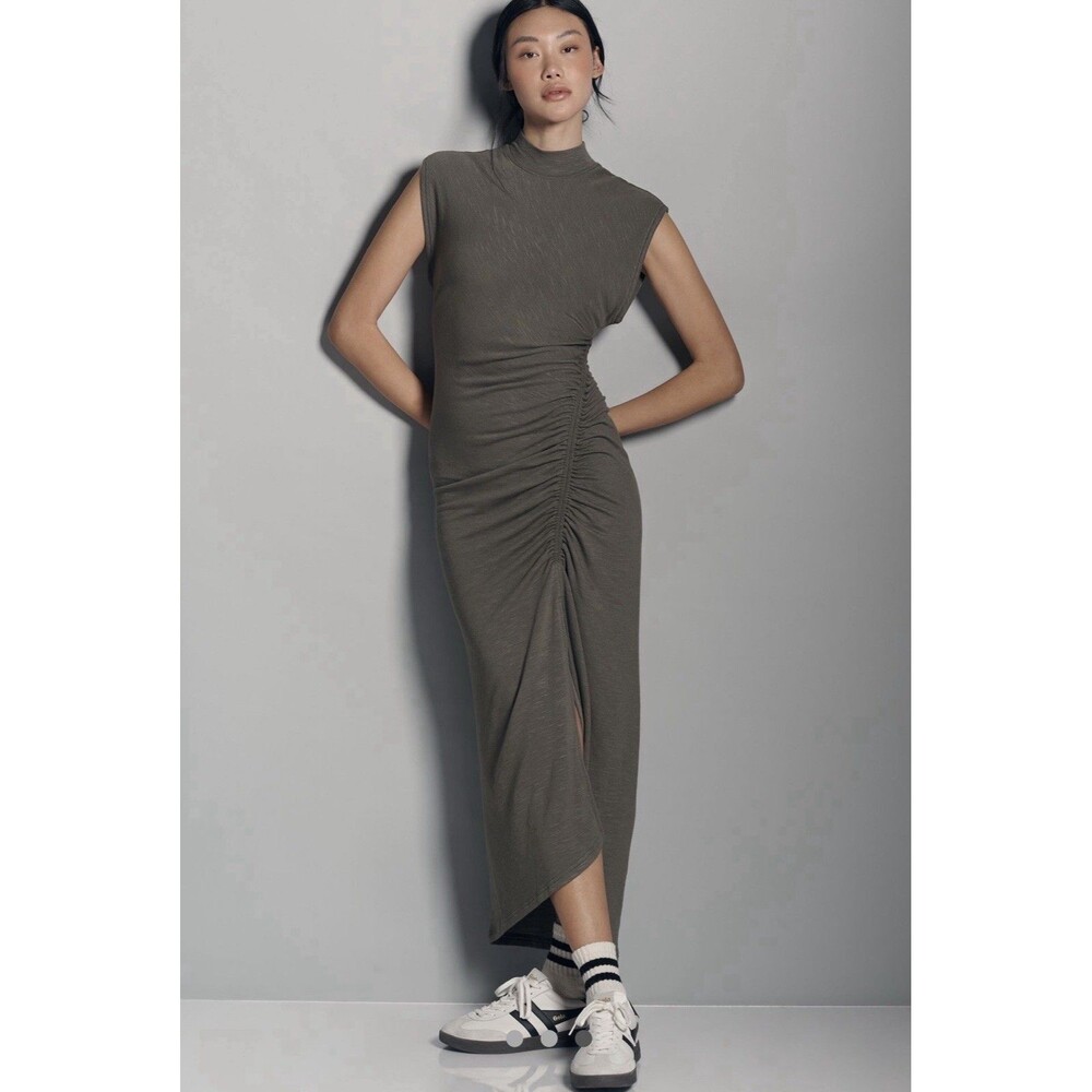 Anthropologie Daily Practice Mock Neck Ruched Midi Dress Moss Green Size XS EUC